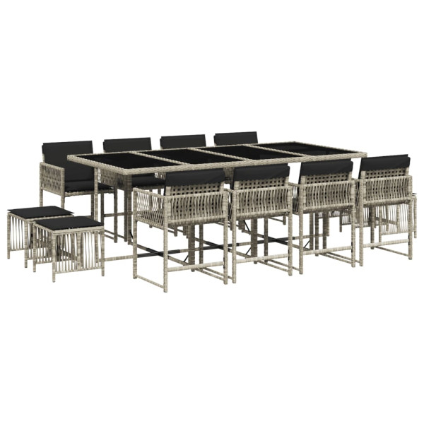 Set comedor jardín y cojines 13 pzas ratán sintético gris claro M 2
