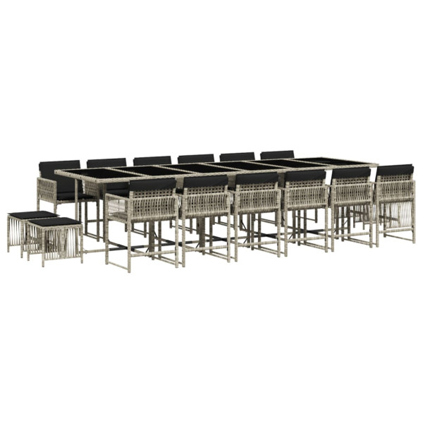Set comedor jardín y cojines 17 pzas ratán sintético gris claro M 2