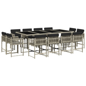 Set comedor jardín y cojines 13 pzas ratán sintético gris claro H