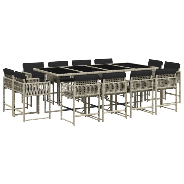 Set comedor jardín y cojines 13 pzas ratán sintético gris claro M 2