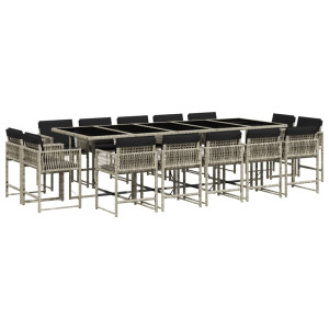 Set comedor jardín y cojines 15 pzas ratán sintético gris claro H