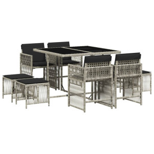 Set comedor de jardín 9 pzas cojines ratán sintético gris claro H