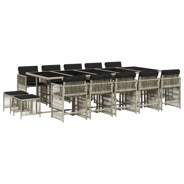 Set comedor jardín y cojines 15 pzas ratán sintético gris claro M 2