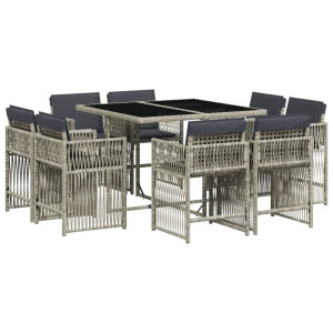 Set comedor de jardín 9 pzas cojines ratán sintético gris claro H