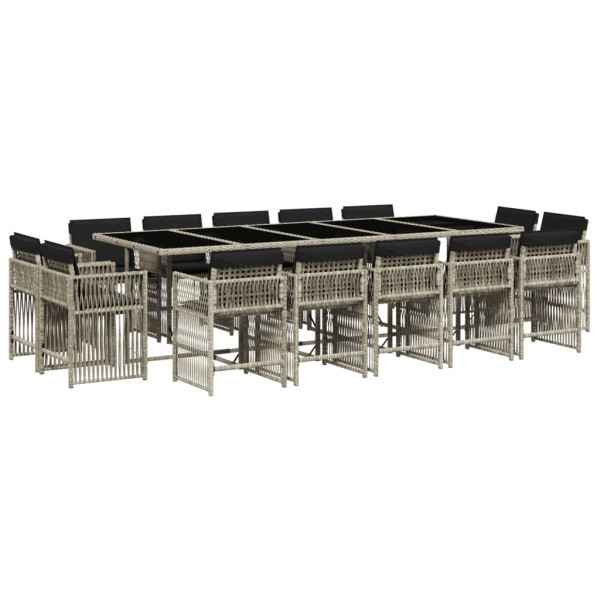 Set comedor jardín y cojines 15 pzas ratán sintético gris claro M 2
