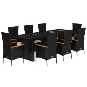 Set de comedor de jardín 9 pzas y cojines ratán sintético negro H