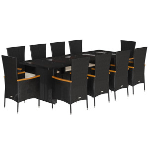 Set de comedor jardín 11 pzas con cojines ratán sintético negro H
