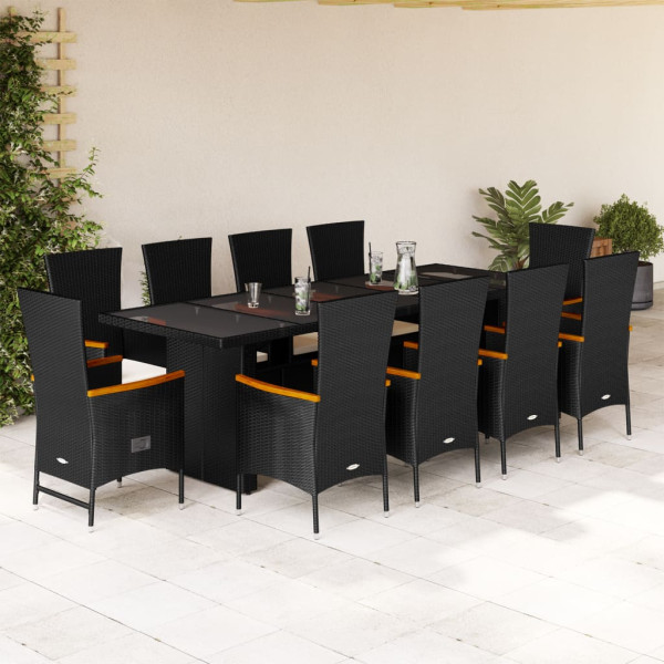 Set de comedor jardín 11 pzas con cojines ratán sintético negro D