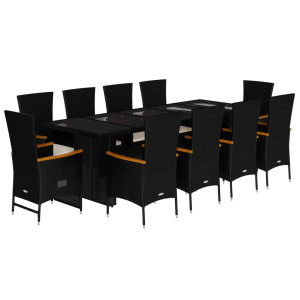 Set de comedor jardín 11 pzas con cojines ratán sintético negro H