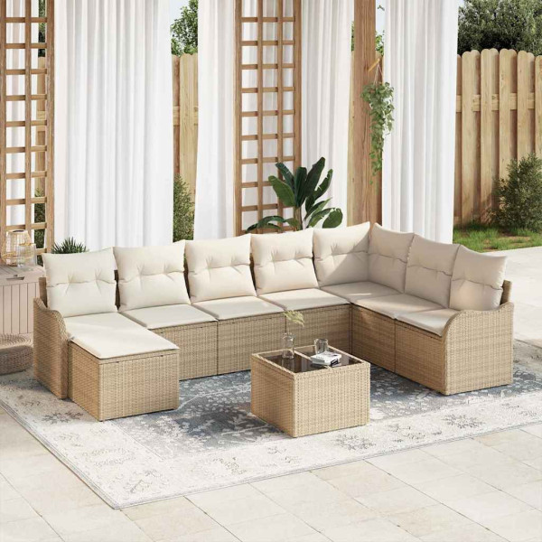 Conjunto de sofá de jardín 9 pcs Beige y blanco Poliratán D
