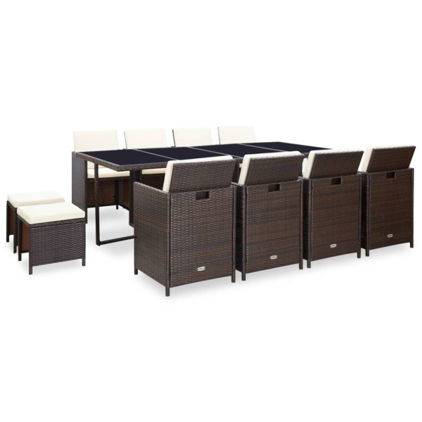 Set comedor de jardín 13 pzas y cojines ratán sintético marrón D