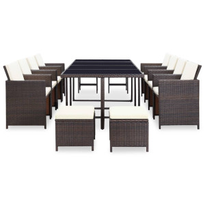 Set comedor de jardín 13 pzas y cojines ratán sintético marrón H