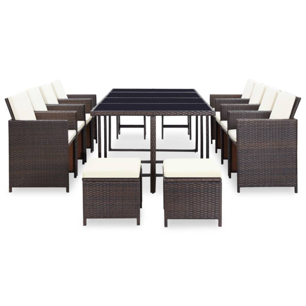 Set comedor de jardín 13 pzas y cojines ratán sintético marrón M 2