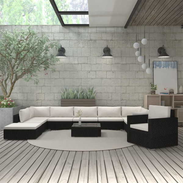 Set muebles de jardín 11 pzas y cojines ratán sintético negro D