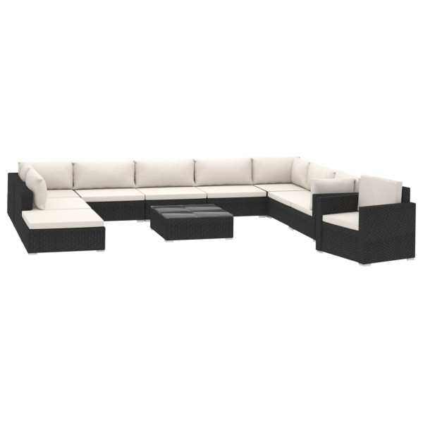 Set muebles de jardín 11 pzas y cojines ratán sintético negro M 2