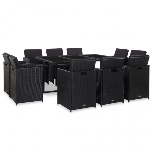 11 pcs conjunto jantar exterior com almofadões vime PE preto D