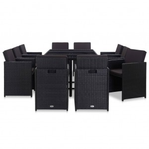 11 pcs conjunto jantar exterior com almofadões vime PE preto H