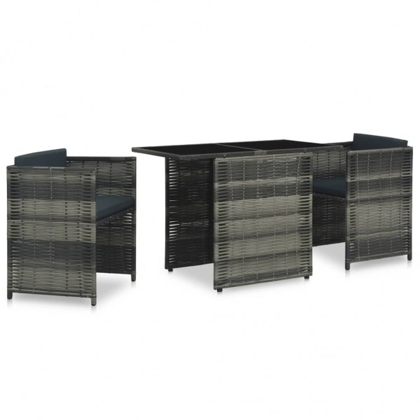 Set mesa y sillas jardín 3 pzas y cojines ratán sintético gris M 2