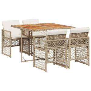Set comedor de jardín 5 pzas con cojines ratán sintético beige H
