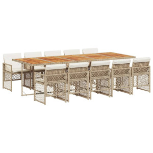 Set comedor de jardín 11 pzas con cojines ratán sintético beige H