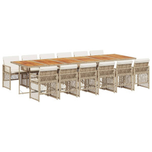 Set comedor de jardín con cojines 13 pzas ratán sintético beige H