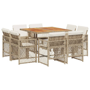 Set comedor de jardín 9 pzas con cojines ratán sintético beige H