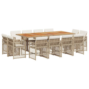 Set comedor de jardín con cojines 13 pzas ratán sintético beige H
