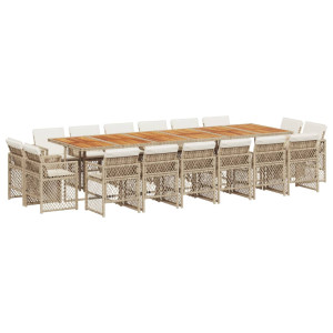 Set comedor de jardín 17 pzas con cojines ratán sintético beige H
