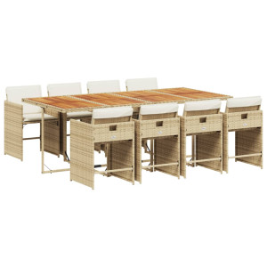 Set comedor de jardín 9 pzas con cojines ratán sintético beige H
