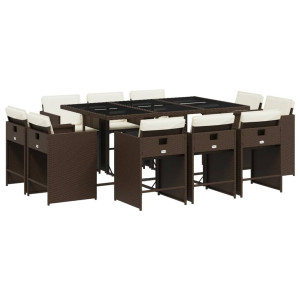 Set comedor de jardín 11 pzas y cojines ratán sintético marrón H