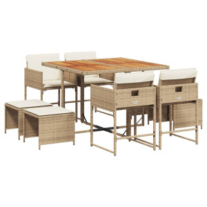 Set comedor de jardín 9 pzas con cojines ratán sintético beige H