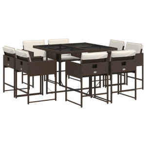 Set comedor para jardín 9 pzas y cojines ratán sintético marrón H