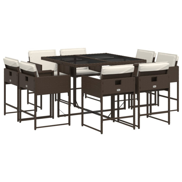 Set comedor para jardín 9 pzas y cojines ratán sintético marrón M 2