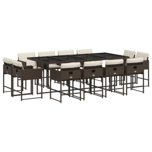 Set muebles de jardín 13 pzas y cojines ratán sintético marrón H