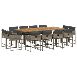 Set comedor de jardín con cojines 13 pzas ratán sintético gris H