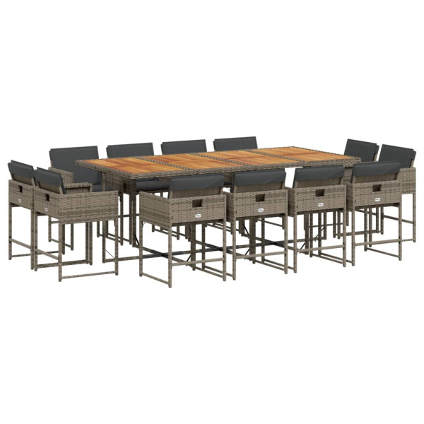 Set comedor de jardín con cojines 13 pzas ratán sintético gris M 2