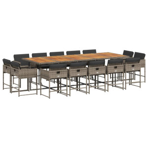 Set comedor de jardín con cojines 15 pzas ratán sintético gris H