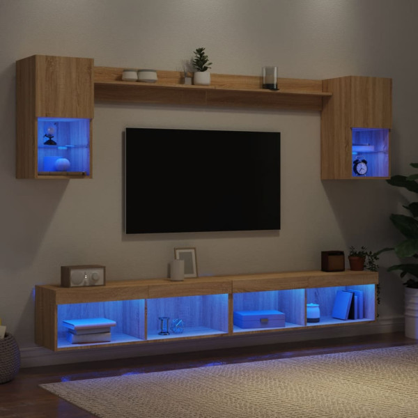 Muebles TV pared con LED 6 pzas madera ingeniería roble Sonoma D