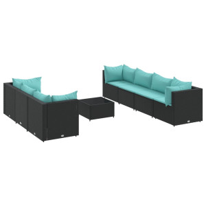Set de muebles de jardín 8 pzas y cojines ratán sintético negro H