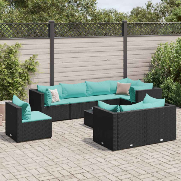 Set de muebles de jardín 9 pzas y cojines ratán sintético negro D