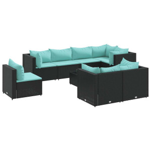 Set de muebles de jardín 9 pzas y cojines ratán sintético negro H