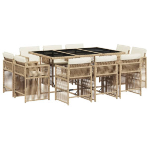 Set comedor de jardín 11 pzas con cojines ratán sintético beige H