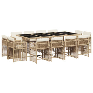 Set comedor de jardín con cojines 13 pzas ratán sintético beige H