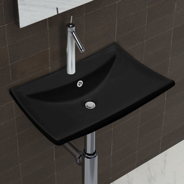 Lavabo rectangular cerámica orificio de grifo y desagüe negro M 4