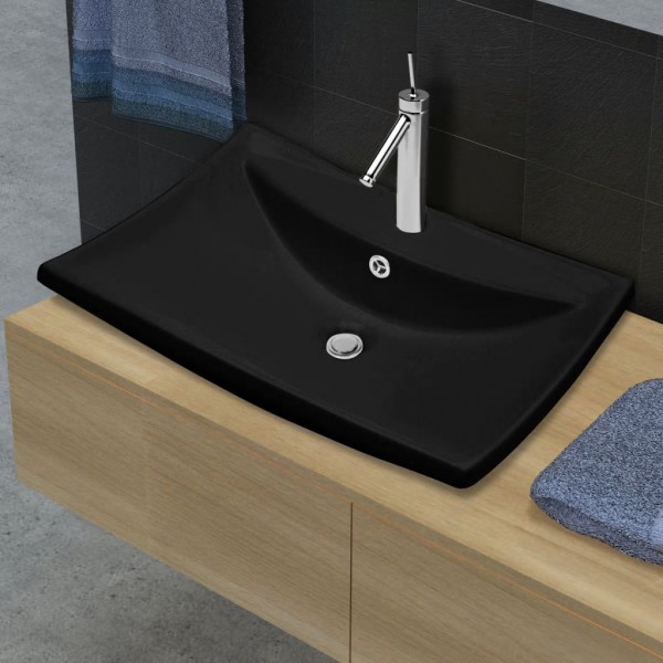 Lavabo rectangular cerámica orificio de grifo y desagüe negro M 5