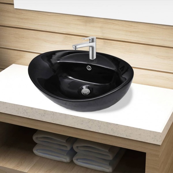 Lavabo de cerámica con agujero para grifo/desagüe negro ovalado D