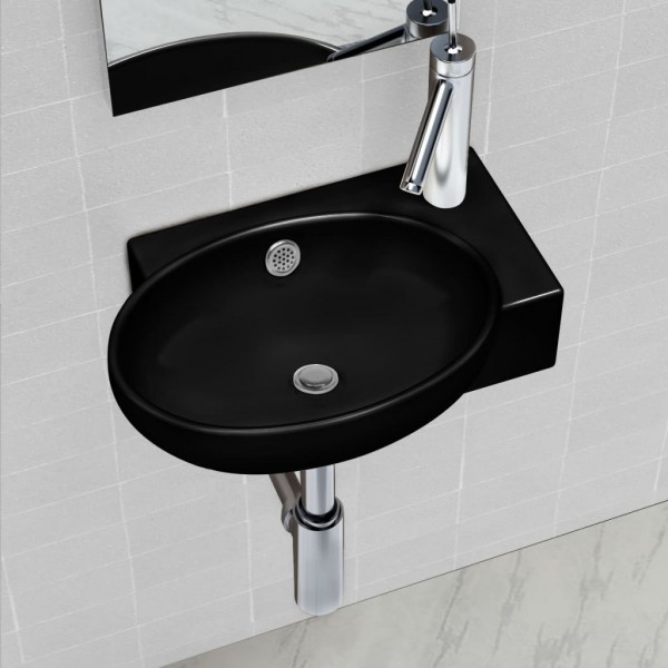 Lavabo redondo de cerámica con orificio de grifo/desagüe negro D