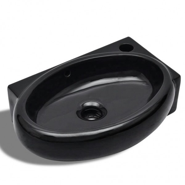 Lavabo redondo de cerámica con orificio de grifo/desagüe negro M 2