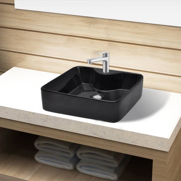 Lavabo de cerámica cuadrado con orificio de grifo/desagüe negro D