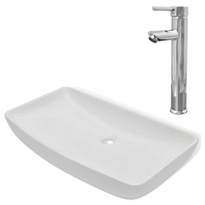Lavabo de baño rectangular con grifo mezclador cerámica blanco H
